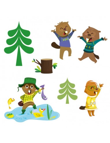 Stickers Forêt,Sticker Forêt: Frise castors pêcheurs