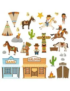 Stickers Indiens & Cowboys,Grande Planche Cowboy de 25 stickers