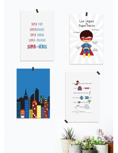 Poster enfant,Kit de 4 affiches: super-héros