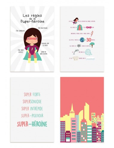 Poster enfant,Kit de 4 affiches: super-héroïne Poster enfant,Kit de 4 affiches: super-héroïne