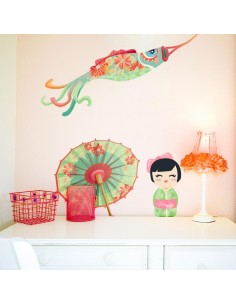 Stickers Asie,Stickers Japon: Ensemble ombrelle vert 2