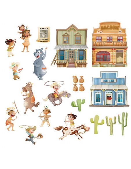 Stickers Indiens & Cowboys,Grande Planche de 22 Stickers