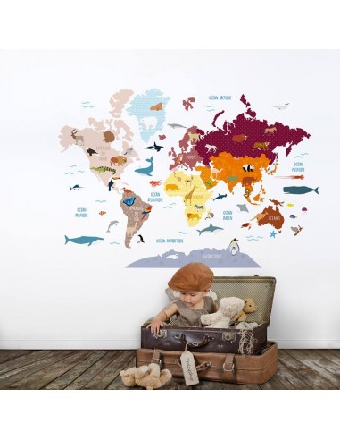 Autocollant décoration carte du monde animaux - TenStickers